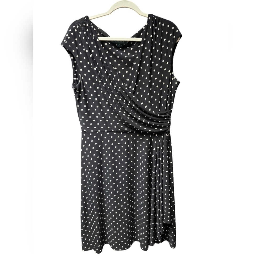 Lauren Ralph Lauren Retro Black White Polka Dot Faux Wrap Dress Size 16